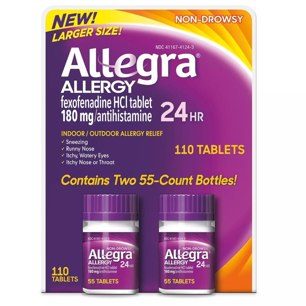 Allegra 24 Jam di dalam ruangan dan Relief Alergi Luar Rumah Tuhan 180mg 55 Tablet, Kemas 2 (110 ct)