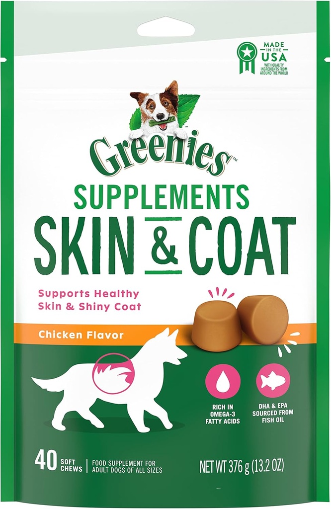 Hijau Skin & Coat Food Suplemen Dengan Minyak Ikan & Omega 3 Acids Gendut, 40-Count Chicken- Flavor Lembut Chews untuk Anjing Dewasa Semua Size