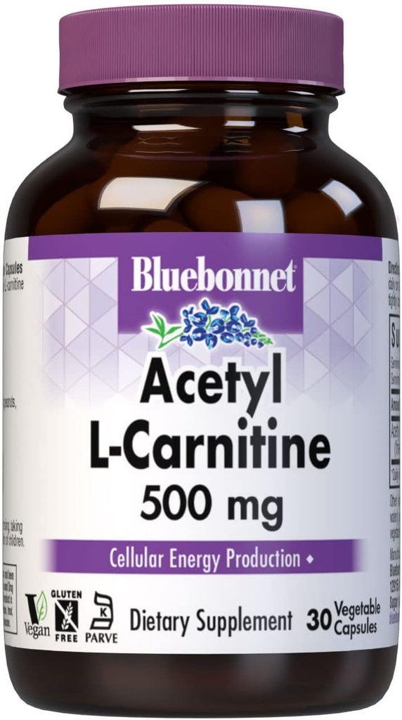 Bluebonnet Nutrition Acetyl L- Carnitine, Transports Fatty Acids, Boosts Cellular Energy, Soy & Gluten- Free, Kosher Certified, Vegan, 30 Vegetable Capsules, White, 500mg