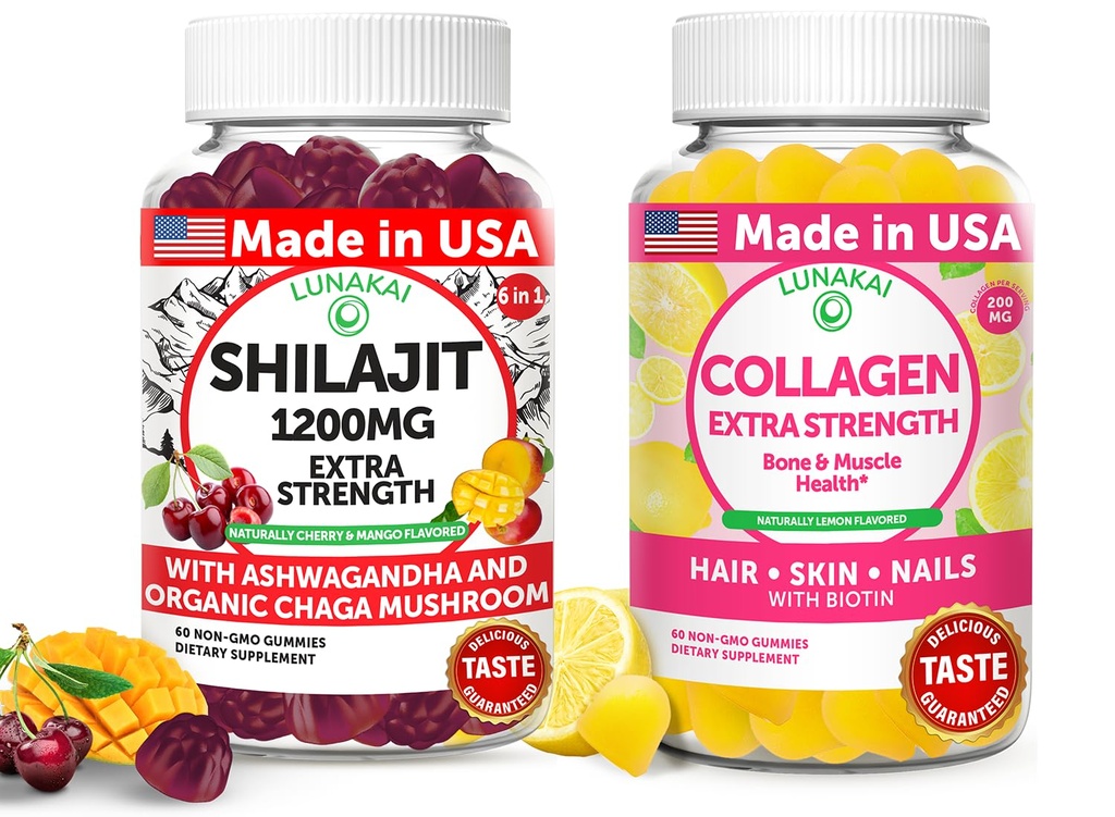 Lunakai USA Made Shilajit & Collagen Ekstra Gummies Bundle - Energy, Hair, Skin, and Nail Support - Delicious & Non- GMO