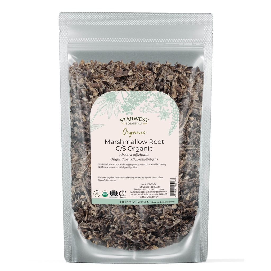 Starwest Botanicals Organic Marshmallow Root - Herb Kering untuk Teh, Root Loose Herb, Potong & Sifted, Disertifikasi Kosher, Non-GMO - 4 oz Pouch
