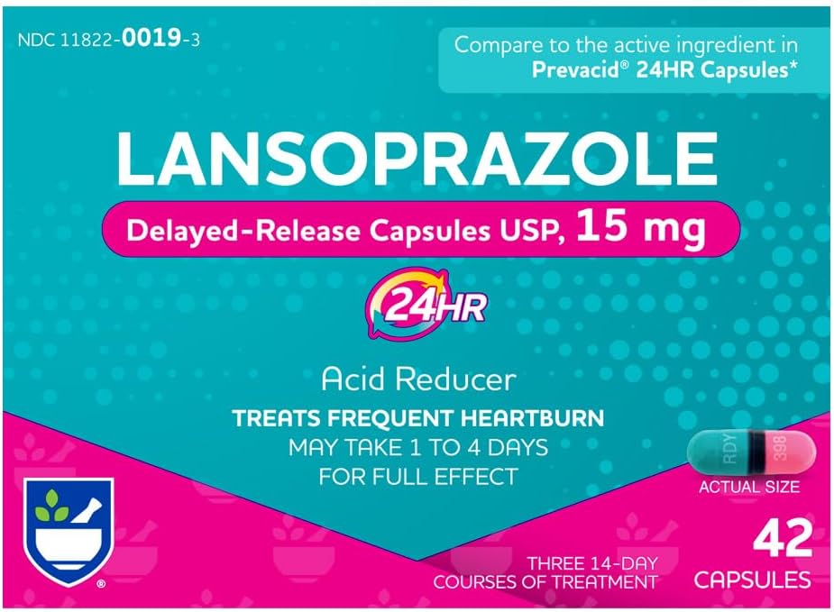 Rite Aid Lansoprazole 15mg - 42 Capsules, Acid Reducer Delayed Release Capsules USP, Heartburn Relief and Acid Reflux, Sampai 24 Jam Bantuan