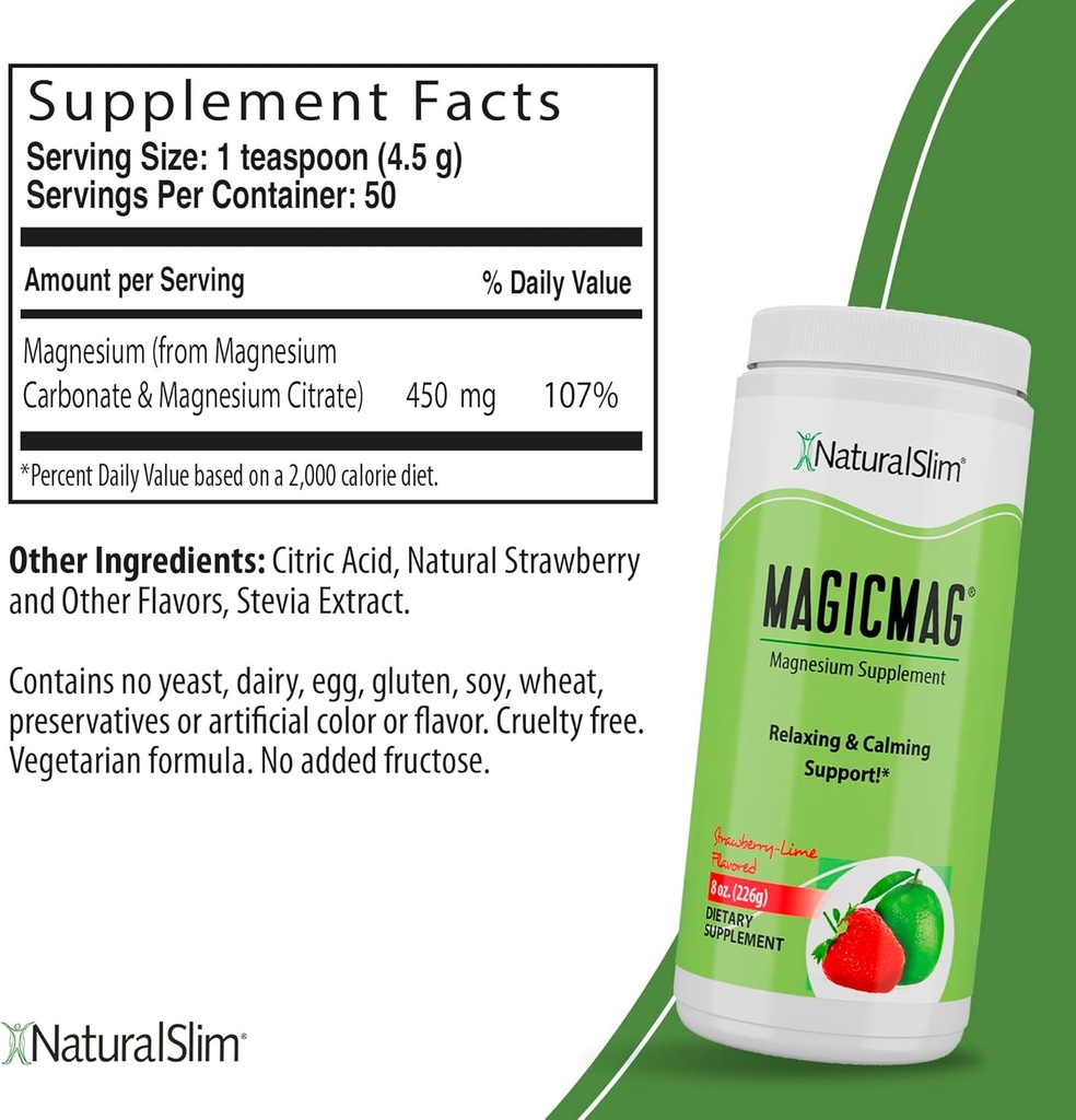 Magicmag Pure Magnesium Citrate Powder - Stress, Constipation, Muscle, and Heart Dukung 124; Natural Strawberry & Lime Flavored Magnesium Supplemen - 8oz Drink Mix (3 Pack)