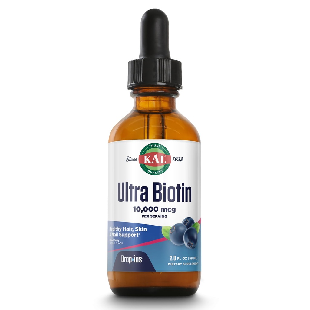 KAL Ultra Biotin 1000mcg DropIns, Liquid Biotin Drops, Wirth Growth Suplement, Potency Tinggi Vitamin B7, Heally Hair, Kulit, Nails and Energy Dukung, Natural Mixed Berry Flavor, Approx 59.