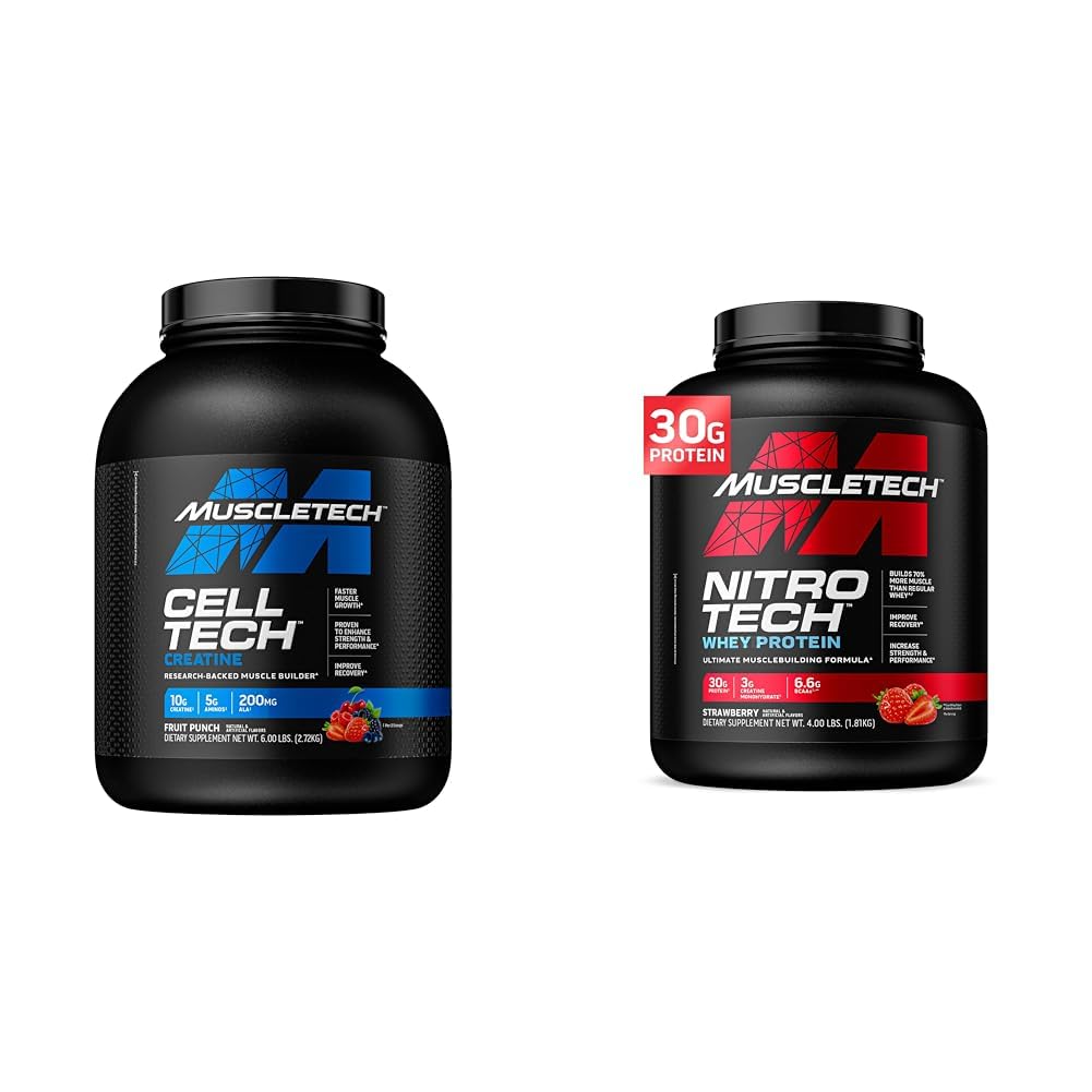 MuscleTech Cells - Tech Creatine Powder & Nitro- Tech Whey Protein Powder Bundle 124; Muscle Builder & Recovery Formula 124; 6 lbs Creatine & 4 lbs Wey 124; Strawberry Flavor