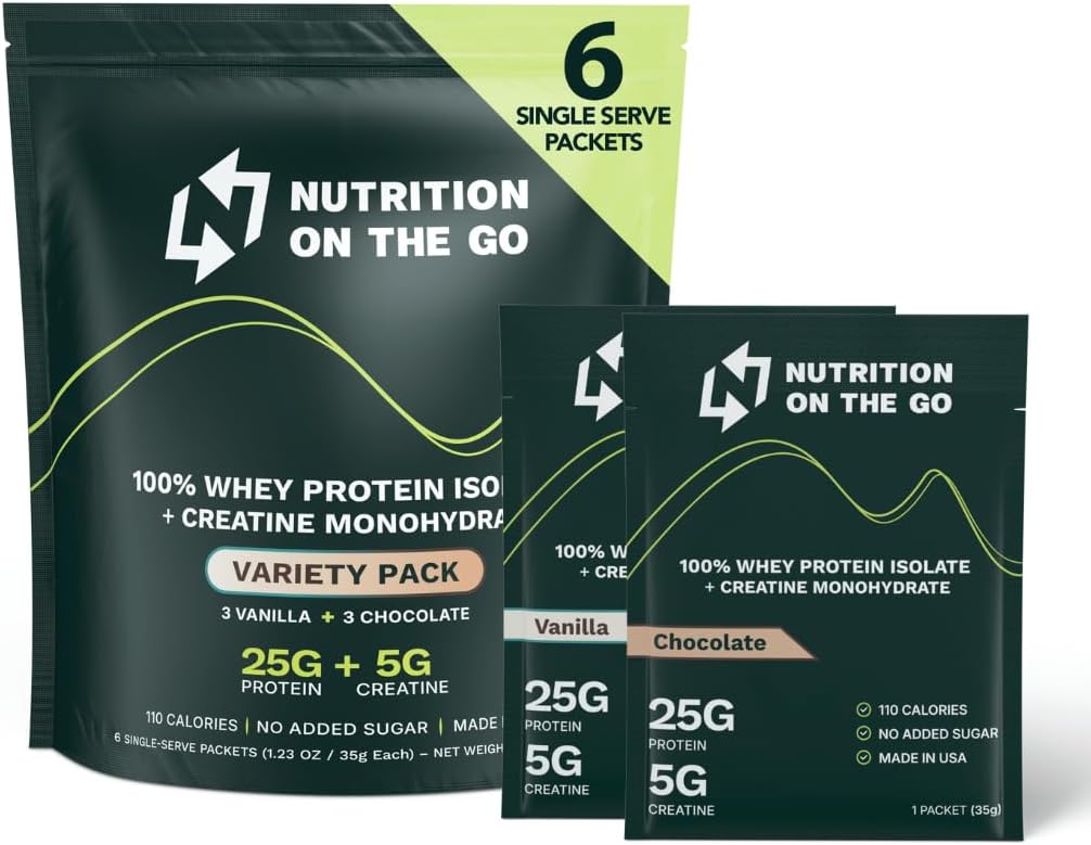 Nutrition On The Go Whey Protein Isolain Paket dengan Creatine - 25g Protein + 5g Creatine - Single - Serve Travel Protein Powin - Variety Pack (Vanilla & Chocolate) (6-Pack)