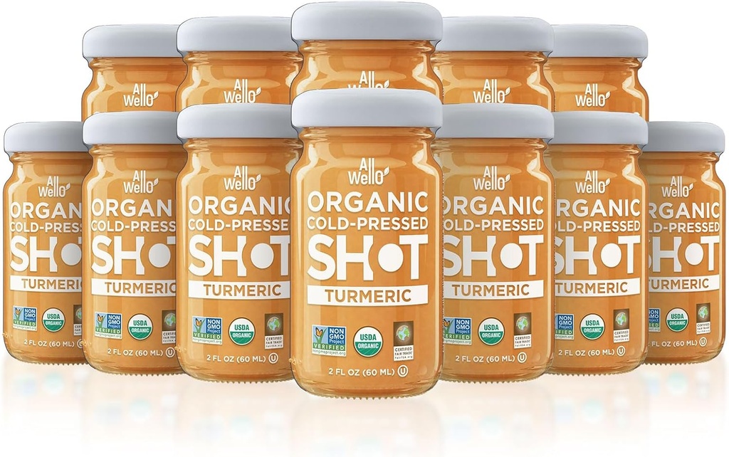 ALLWELLO Cold- Menekan Turmeric Shot, 60 mL, USDA Ammunic Booster dengan Natur- RAL (12 PK, Turmeric)