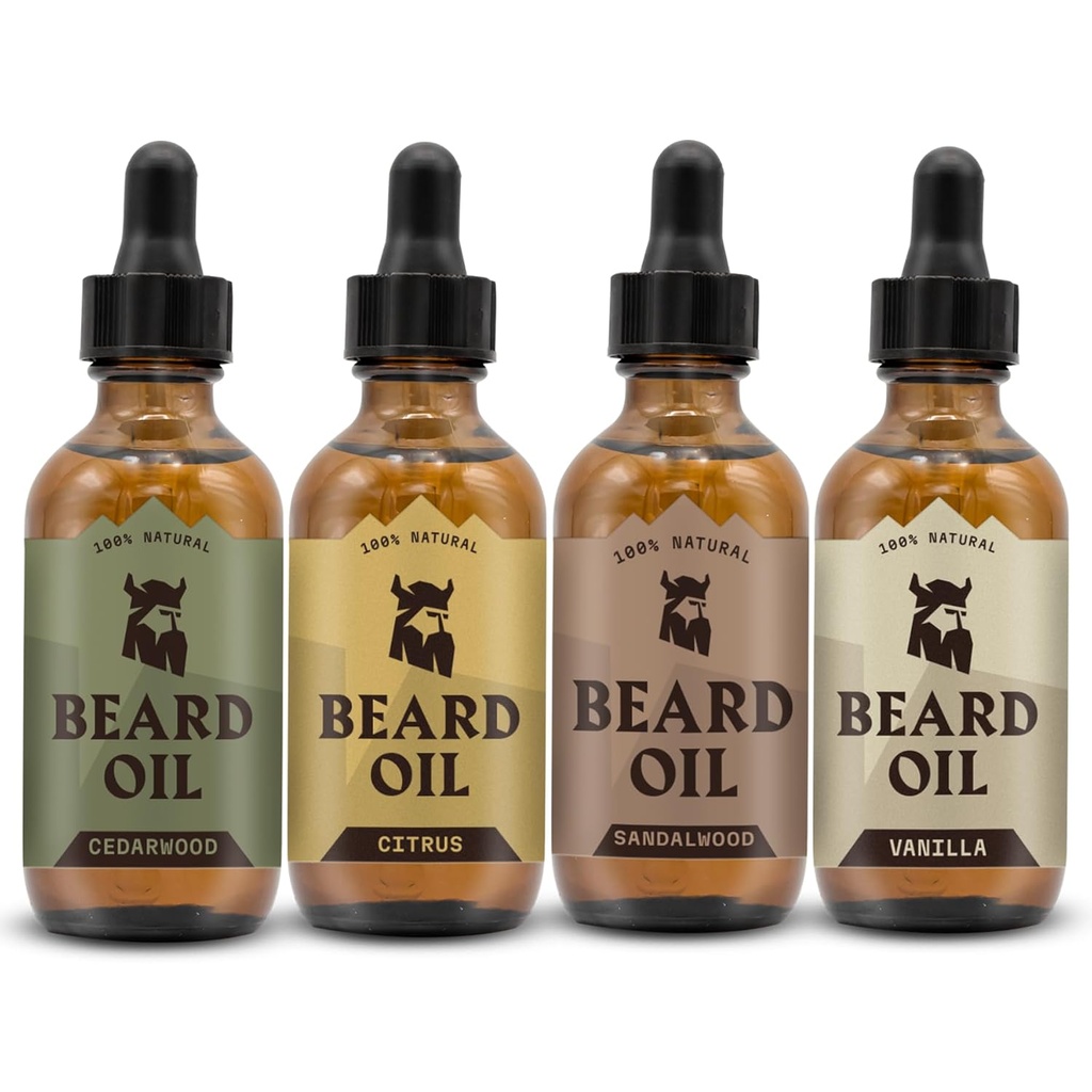 Striking Viking Beard Oil untuk Pria - 0.66 Fl Oz Pack dari 4, Vanila, Sandalwood, Cedarwood & Citrus - Promotes Fuller Growth dengan Beard Growth Oil - Cedarwood Vanilla Scents for Men