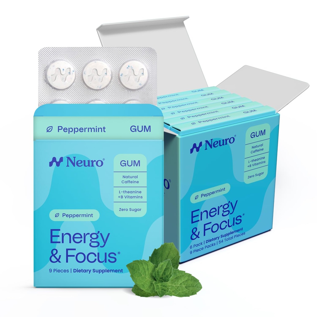 NeuroGum Energy & Focus Gum (54 Count- 6 Pack, Peppermint) 14; 40mg Natural Caffeine + L-Theanine + Vitamin B12 & B6 + Xylitol 124; Sugar Free Nootropic Cognitive Brain Performance Suplemen