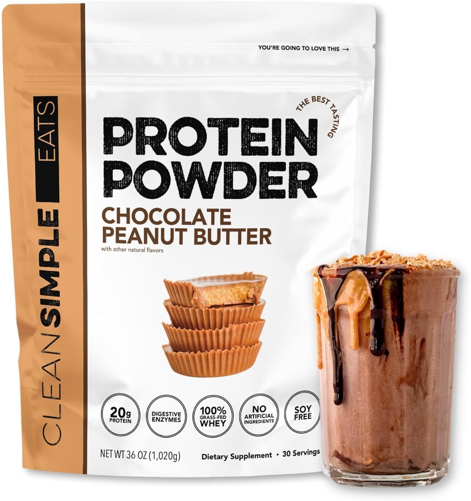 Clean Simple Eats Whey Protein Powder, Chocolate Peanut Butter Flavor Natural Sweetened, 100% Grass Fed Protein Powder with Digetical Enzymes & No Articial Ingredians, Gluten Free, 30 Servings