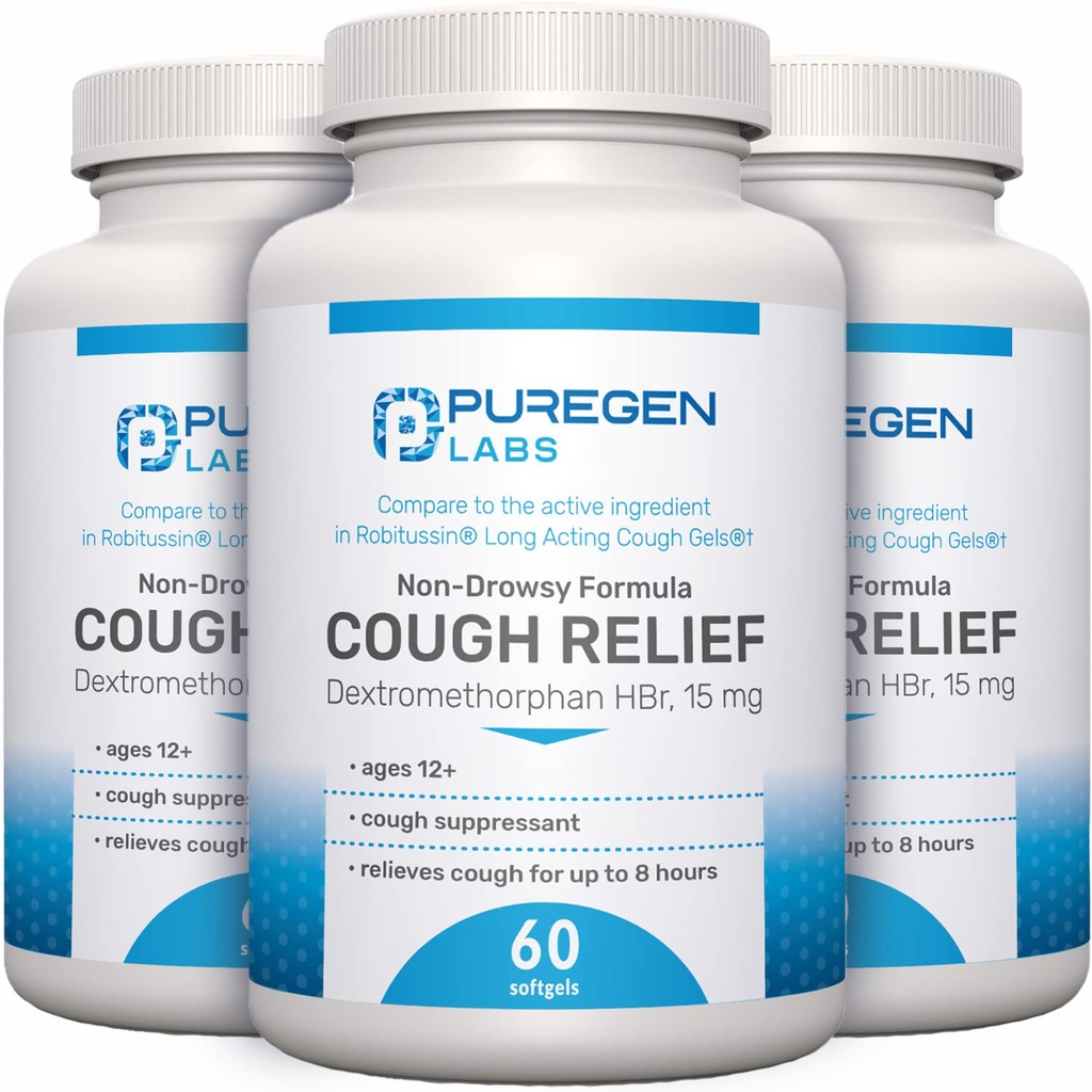 P Puregen Labs Relief for Axtromethorfan HBr 15mg 14; 8- Hour, Non-Drowsy, Long- Lasting Bronchial Suppresan 124; Ages 12 + 124; Banding to Robasen dan Robitussin - 3 Pack psy124; Total 180 Softgels