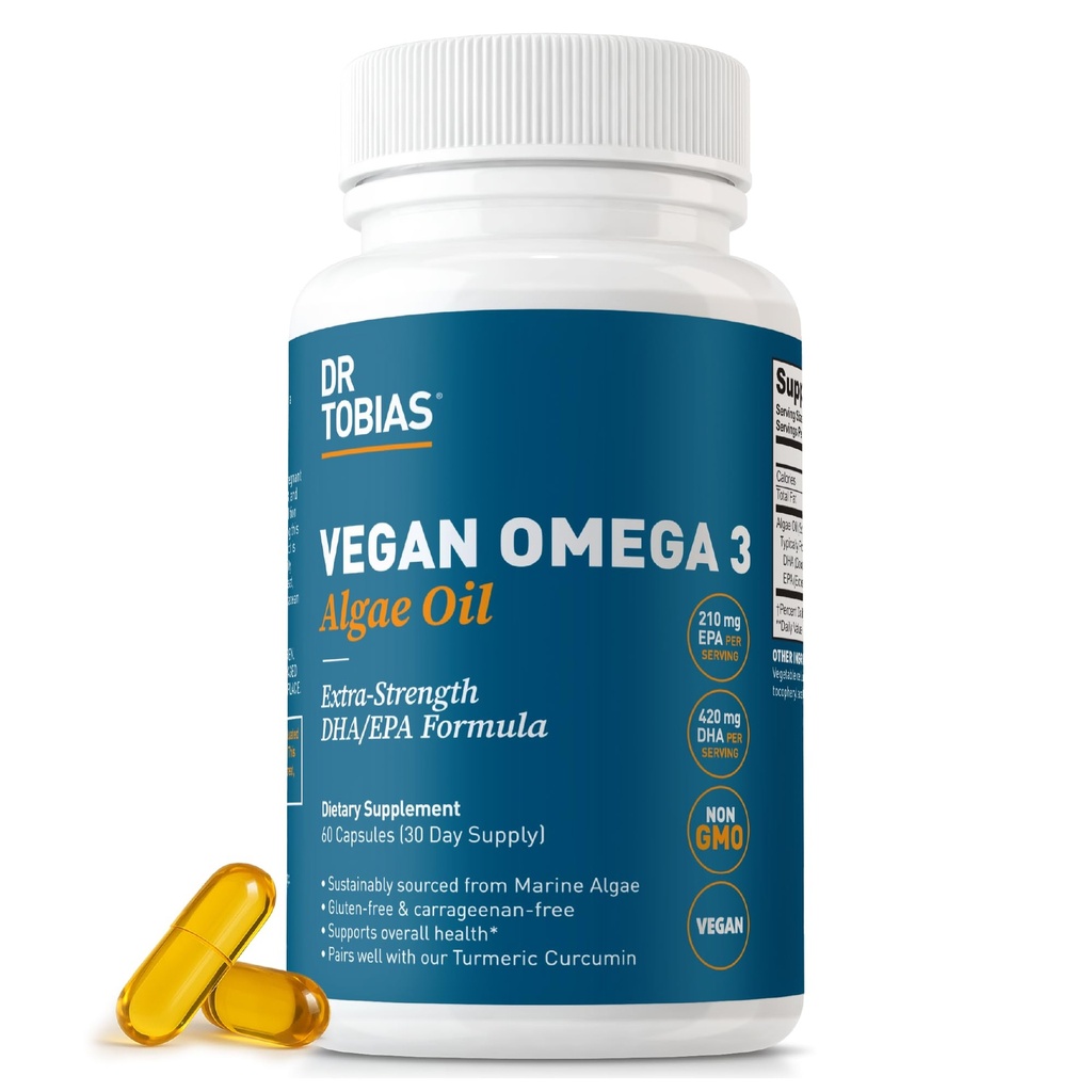 Tambahan Dr. Tobias Vegan Omega 3, 1400mg Algae Oil, 420mg DHA, dan 210g EPA per Serving, Non-GMO, Gluten- Free, Carrageenan- Free, 60 Capsules, 30 Hamba