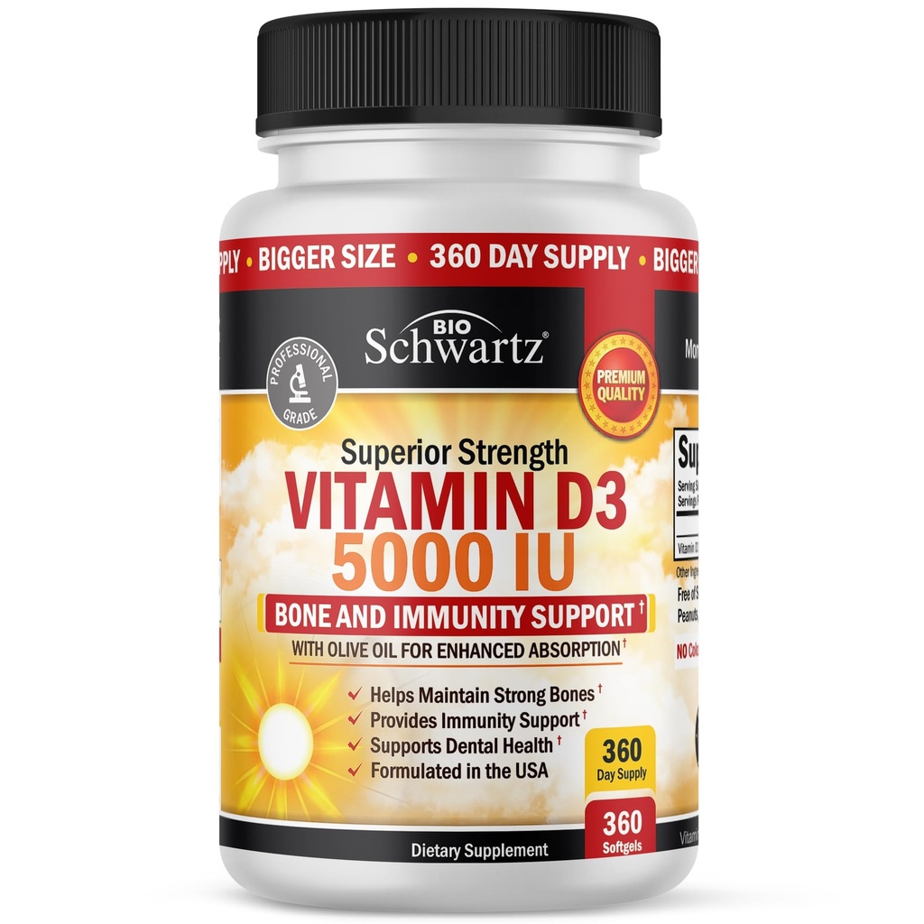 Vitamin D3 5000 IU (125 mcg) Dukungan Imune Natural, Fungsi Bone Power, Muscle Healthy, dengan Oil untuk Absorpsi Tertinggi, Gluten Free & Nun-GMO, Persediaan 1 Tahun, 360 Softgels