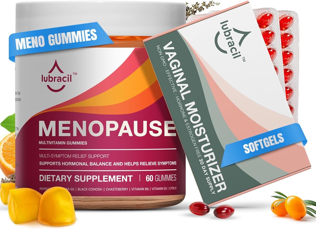 Lubrail Menopause Gummies & Daily Moisturizer Bundle - Hormone- Dukungan Bebas untuk Hot Flashes, Night Sweats, Vaginal Dryness, dan Itchiness dengan Black Cohosh, Ashwagandha, Omega Buckthorn