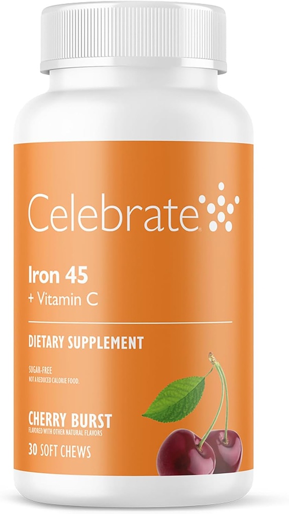 Merayakan Vitamin Iron Suplemen Vitamin dengan Vitamin C - 45mg Besi, 60mg Vitamin C, Bariatric Vitamin untuk WLS Patients, Vertikal Sleeve & Gastric Bypass Operasi - Cherry, 30 Soft Chews