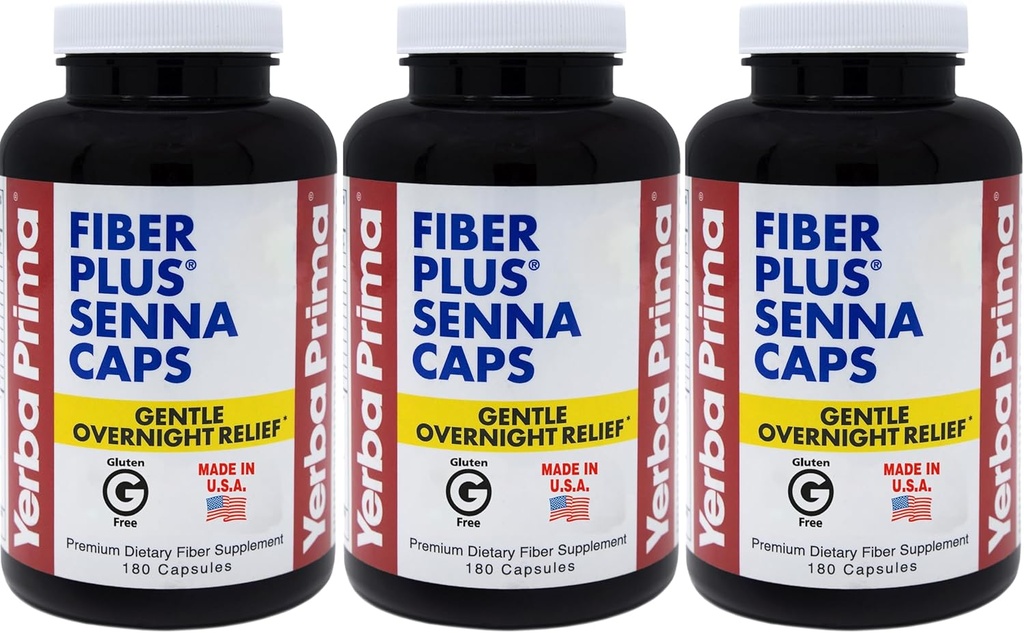 Yerba Prima Fiber Plus Senna Capsules, 180 Count (Paket 3) - 118 Servings of Gentle Overnight Relief, USA Made, Non-GMO, for Short- Term Gunakan untuk Mengembalikan Regularitas
