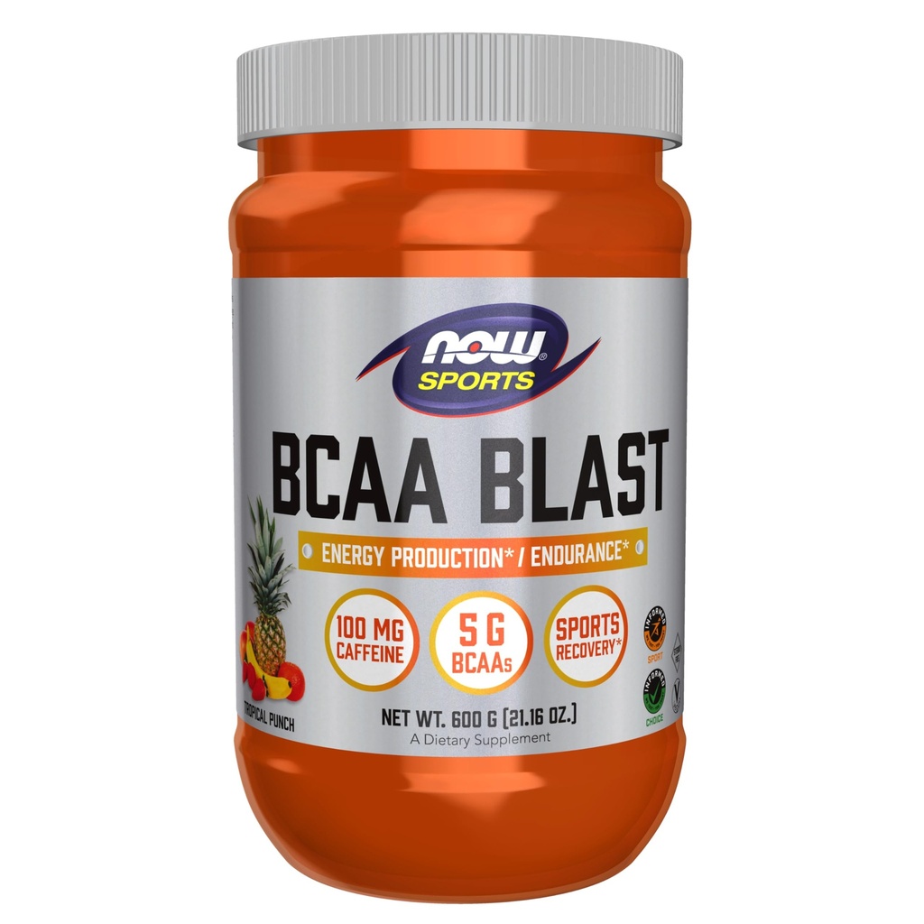 NOW Foods Sports Nutition, BCAA Blast Powder, 5 g BCAA, 100 mg Caffeine, Tropical Punch, 600- Grams