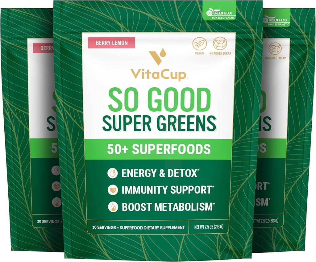 VitaCup Super Greens Powder Smoothie & Juice Mix w / 50 + Premium Superfood, Digetical Relief, Detox, Gut Health w / Prograin, Antioksidants, Berry Lemon, 30 Pelayan Masing-masing, 3 Bags