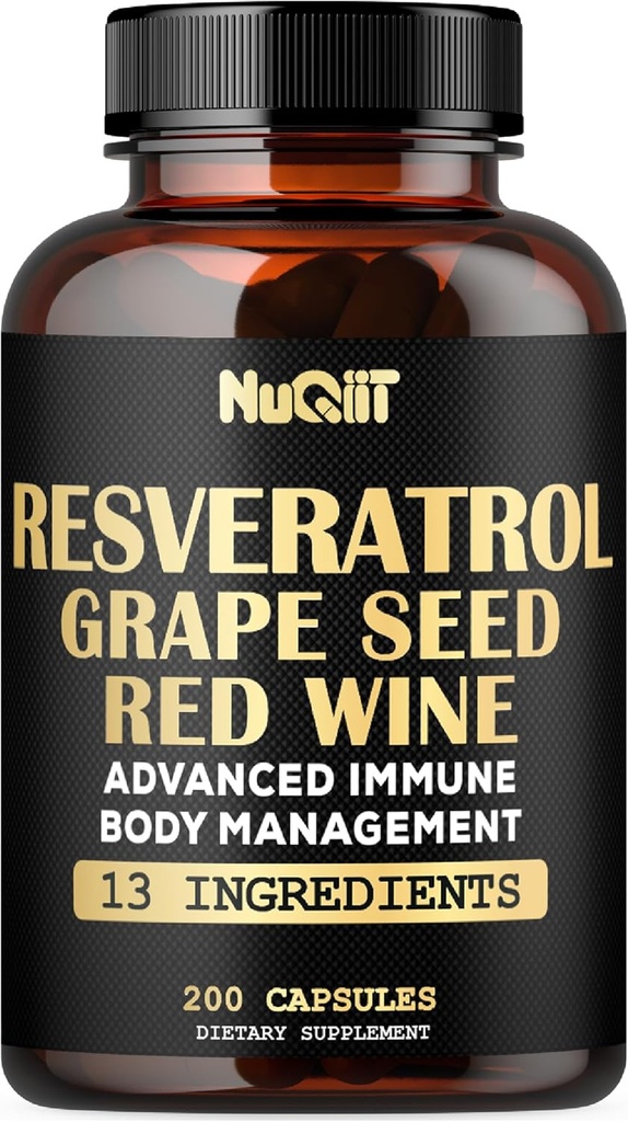 Trans Resveratrol Supplemen Red Wine Extract, Kompleks Manajemen Tubuh & Kebal - Echinacea, Bulb Bawang, Berberine HCI, Milk Thistle & Lebih - 200 Capsules untuk 100 pelayan