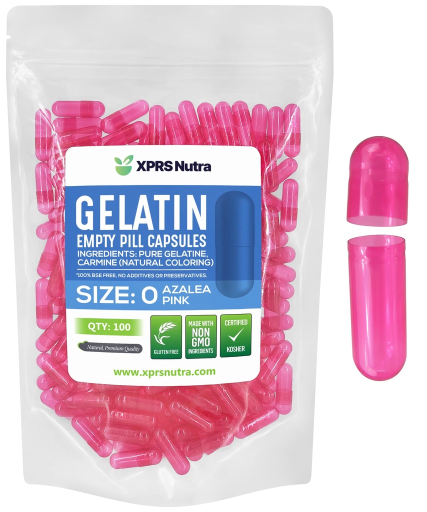 XPRS Nutra Ukuran 0 Kosong Capsules - 100 Cacah Katup Gelatin Kosong - Pil untuk DiY Capsule Filling - Pure Bovine Gel Caps untuk Do- It- Yourself Suplemen (Azalea Pink)
