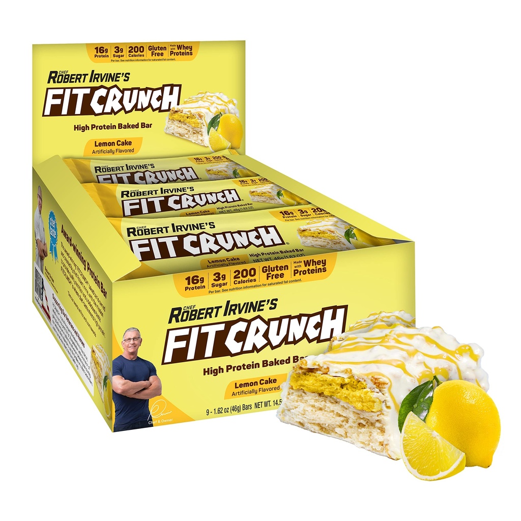 FITCRUCH Snack Ukuran Protein Bars, 6- Layer Baked Bar, 3g Sugar & Soft Core (9 Bars, Lemon Cake)
