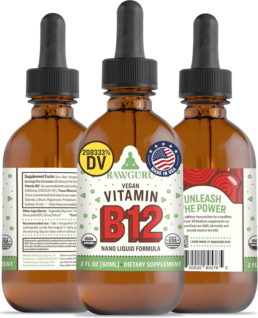 RawGuru Vitamin B12 Liquid Supplement - Vegan Vegan B12 dengan Trace Mineces - Nano-Processed Antioksidant & Imune Supppport Tincture - 60 Servis Vegan Drops per 60 ml, Paket 1