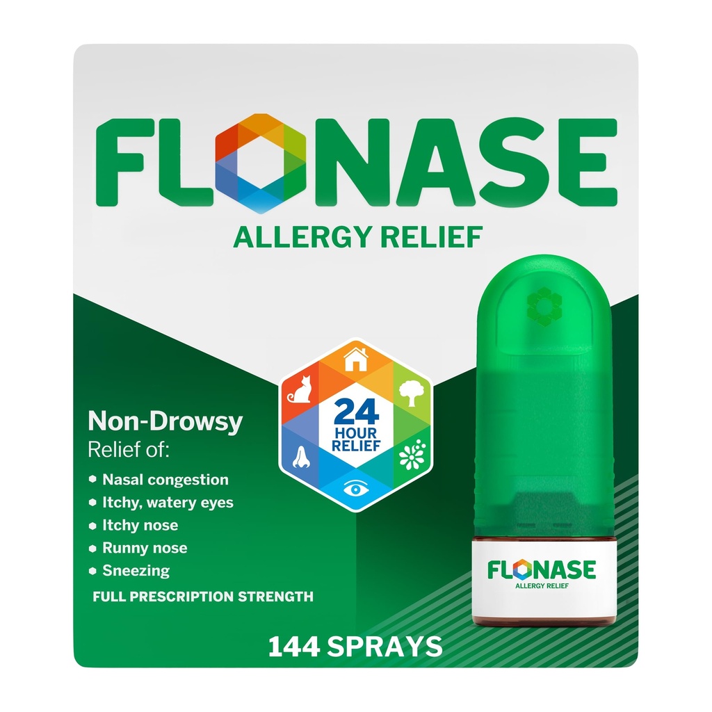 Flonase Allergy Relief Nasal Spray, 24 Hour Non Drowsy Algergy Medicine, Metered Nasal Spray - 144 Spray- Fall and Seasonal Allergy Relief