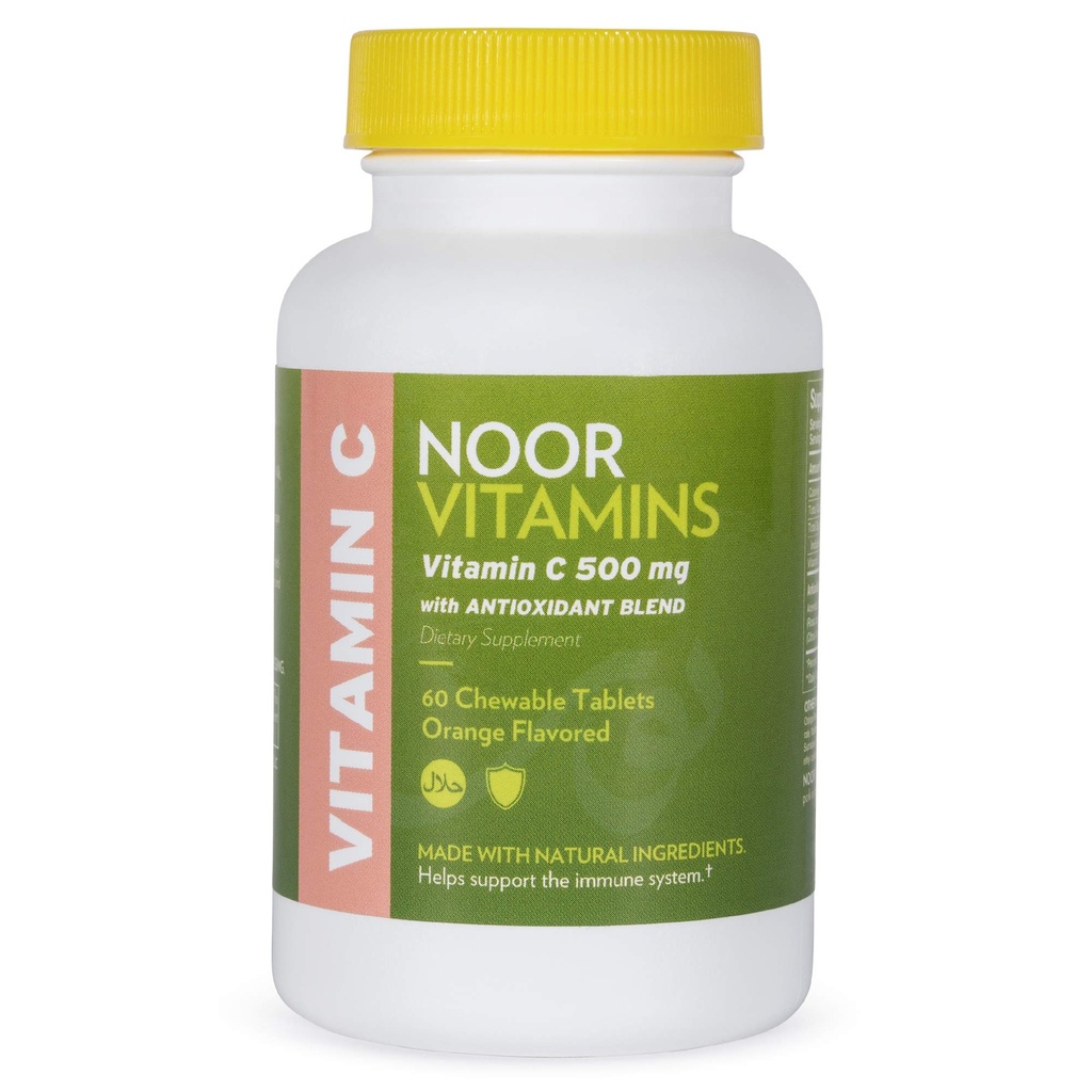 Noor Vitamin 500 MG Halal Vitamin C Chewable Tablet + Rose HIPS dan Antioksidants I Supports Immune System I Vegan, Gluten Free & Halal Vitamin 60 Orange Flavorted Chewable Tablets I 2 Monday Supply