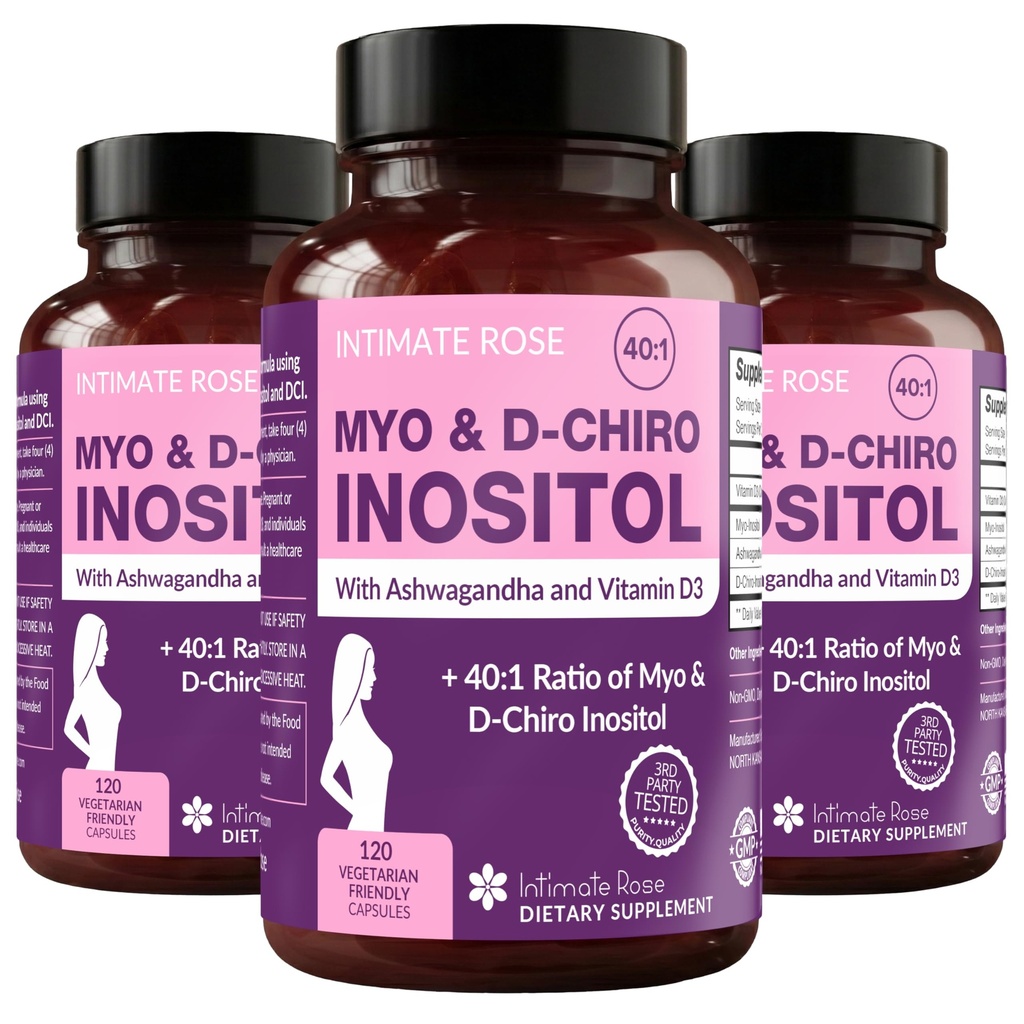 Rose Myo- Inositol & D- Chiro Inositol Blend - 40: 1 Blend Rasio - Women 's Daily Wellness Dukungan - Vitamin D & Ashwagandha, 3 Botol
