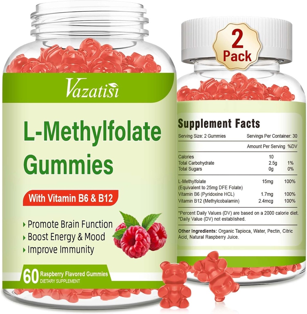 L-Methylfolat 15 mg Gummies dengan Metil B12, Pengaruh Floid untuk Mood, Kesehatan Otak, Dukungan Imune, Raspberry Flavor, 120 Count