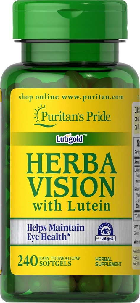 "Puritan 's Pride Herbavision" dengan Lutein, Therixanthin, Bilberry Softgels, 240 Count