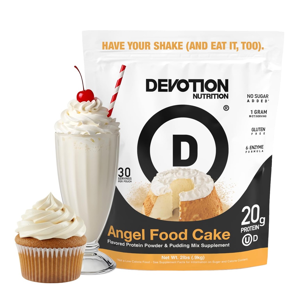 Devotion Nutition Angel Food Cake Powder for Shakes, Baking, Pancakes, Desserts - 20g Whey Isolate & Casein Protein Blend - No Added Sugar, Low Carb, Gluten- Free, Keto-Frid with MCT - 2lb