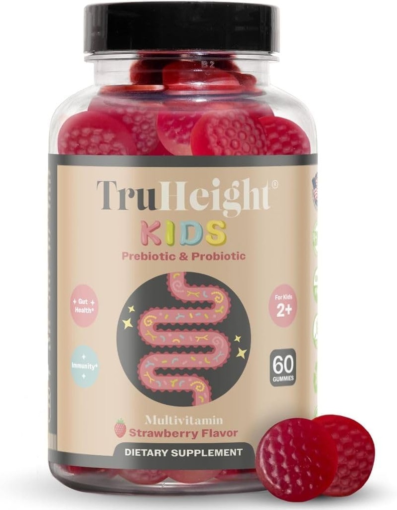 TruHeight Kid Prebiotic & Probiotic Gummies Ages 2 + (Strawberry Flavor) Toddlers & Kids All Natural Gut Health, Digetical Enzymes & Constipation Relief Suplemen - Pediatric Rekomendaded Vitamin