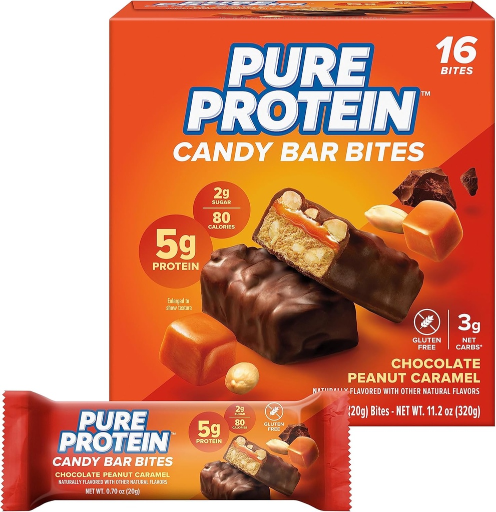 Pure Protein Candy Bar Bite, Chocolate Peanut Caramel, 5g Protein, Gluten Free, Low Sugar, 0.70 oz, 16 Pack (Packaging May Vary)