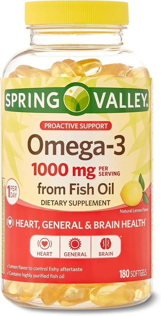 Spring Valley Omega-3 1000 mg dari Minyak Ikan, Hati, Kesehatan Otak, Lemon, 180 Softgels