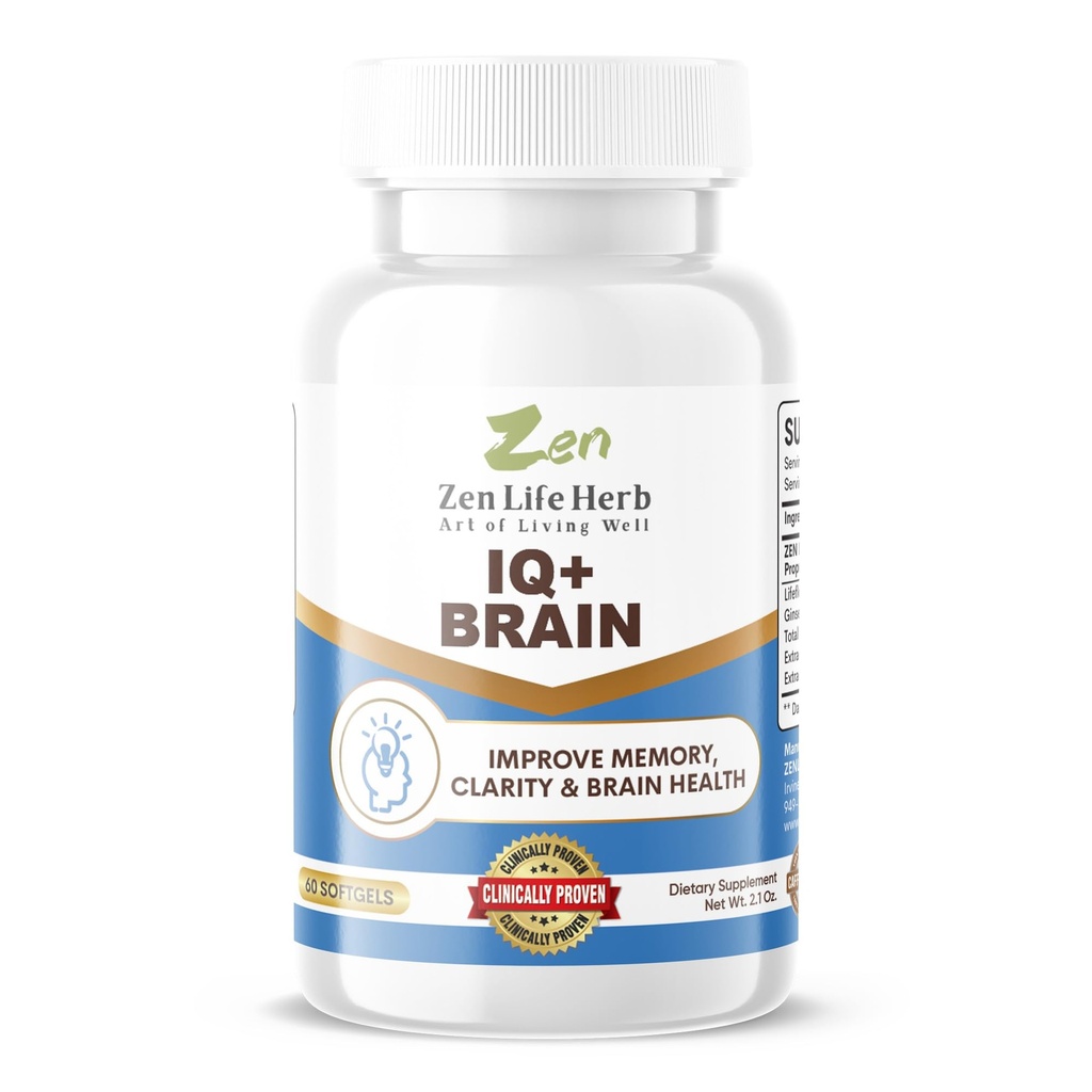 ZEN LIFE HERB IQ + Brain - Caffeine- Free, Clinically Tested Focus, Konsentrasi, Memory & Energy, Tanaman Alami Herbal Suplemen, Tidak Ditambahkan Vitamin / Mineral / Jamur / Gula (60 Softgels)