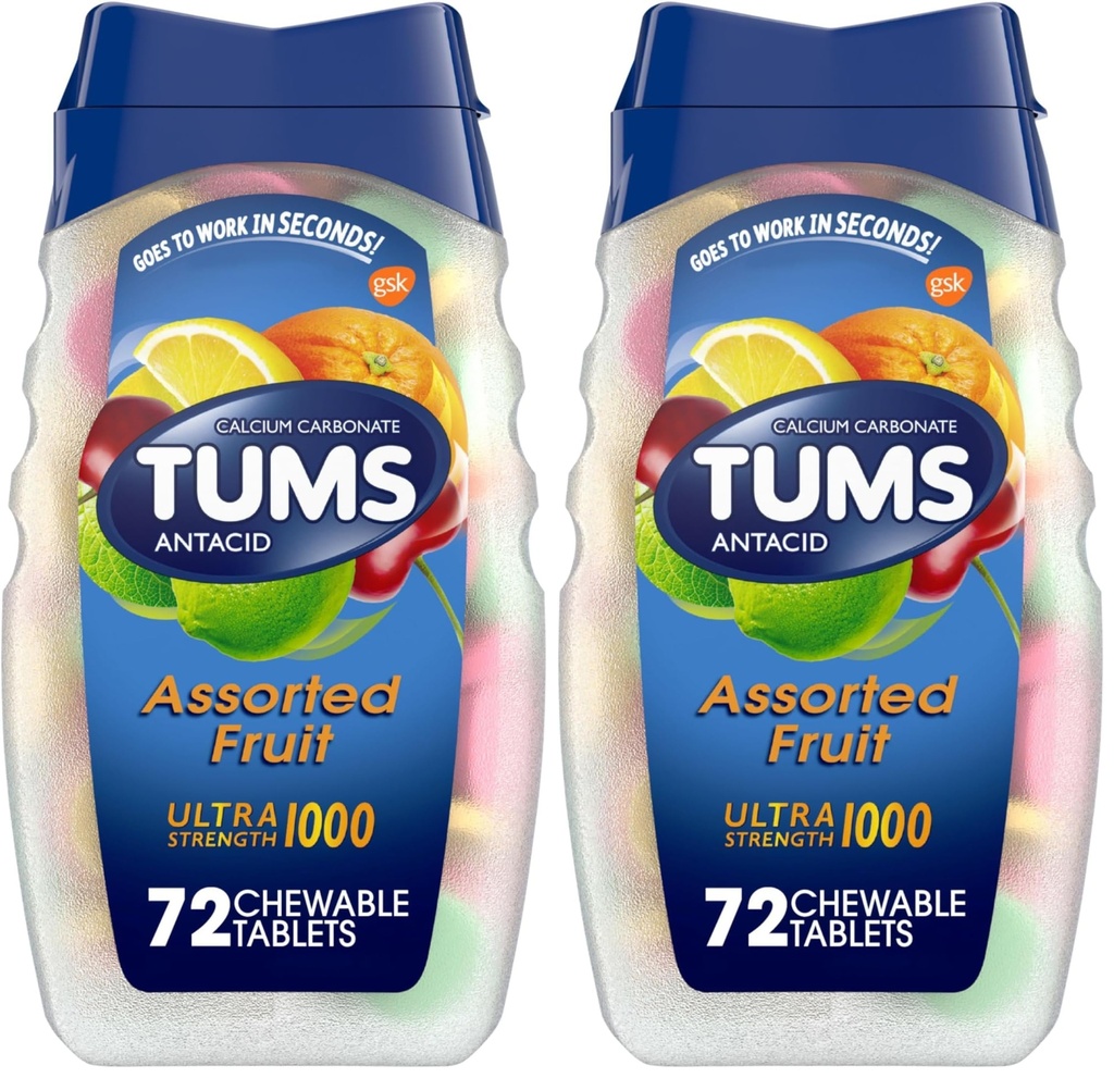 TUMS Antax Chelable Tablet for Heartburn Relief, Ultra Strength, Asported Fruit, 72 Tablet (Paket 2)