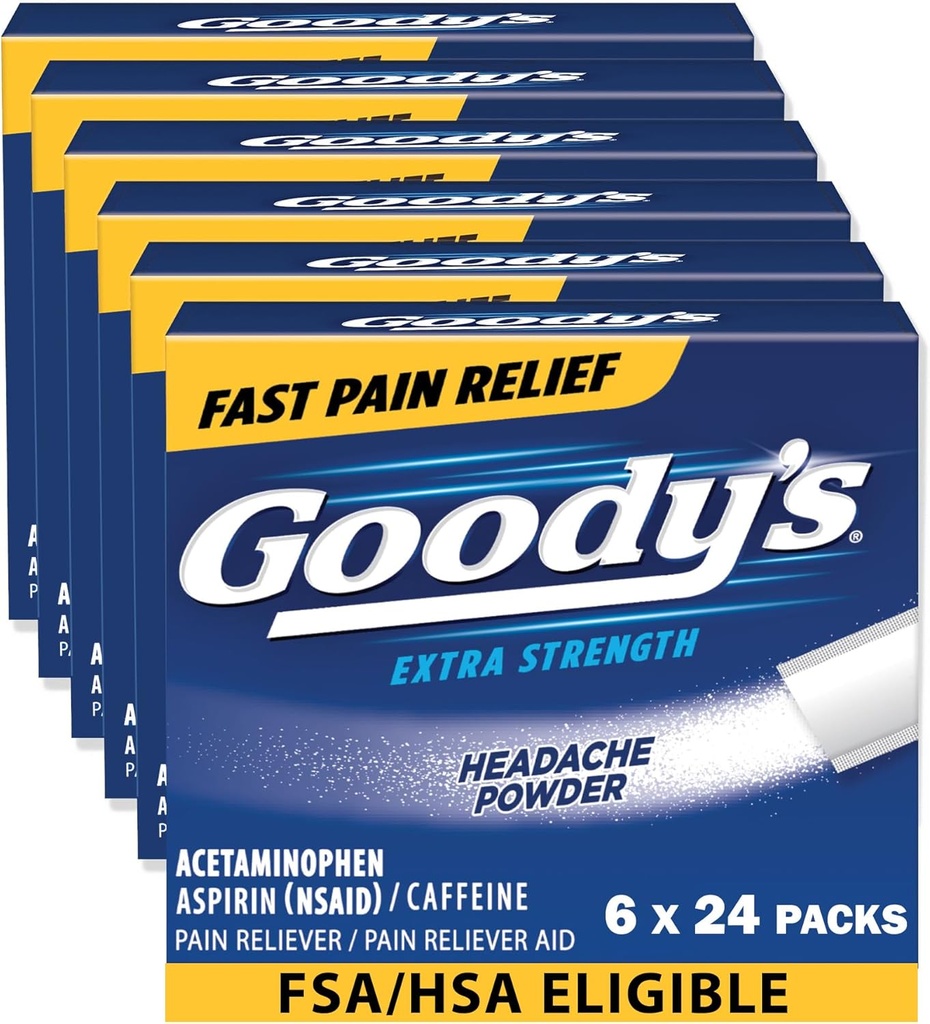 Goody 's Headache powder Extra Power Pain Relief, Triple Action Headache Relief with Aspirin, Acetaminophen & Caffeine, 24 Count, Pack of 6