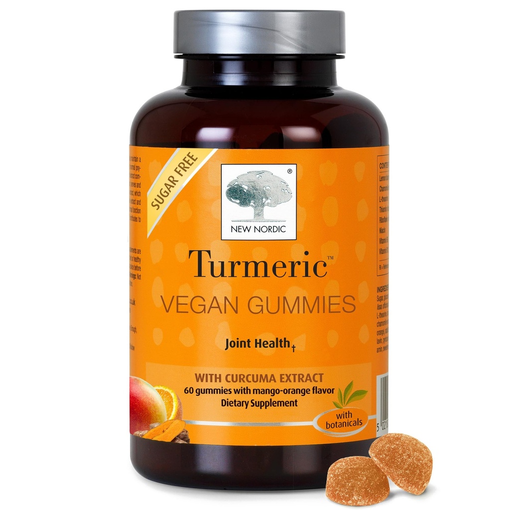 NEW NORDIC Turmeric Curcumin Gummies, Sugar Free, 300 mg Turmeric Supplement for Men and Women, Supports Normal Functioning Joints, Knules, Shoulders, Mango Orange, 60 Count