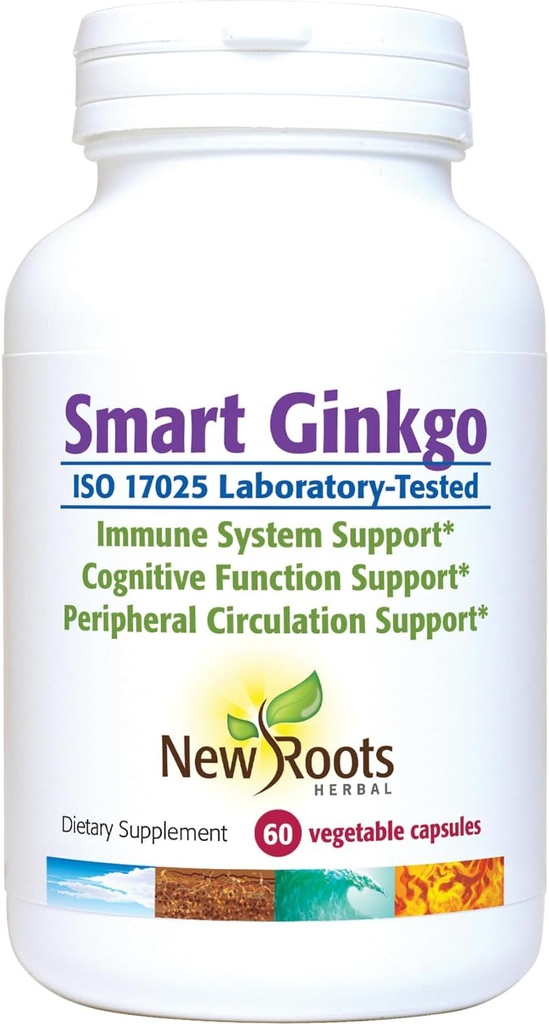 NEW ROOTS HERBAL Smart Ginkgo Suplement, 60 Vegetable Capsules, Immune System & Cognitive Support