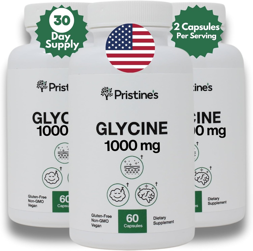 PRISTINE 'S Glycine 1000MG Amino Acid Suplement Sleep Dupport Capsules (3- Pack) - 90 Hari Supply - Pemulihan Otot, Dukungan Formasi Ginjal & Collagen