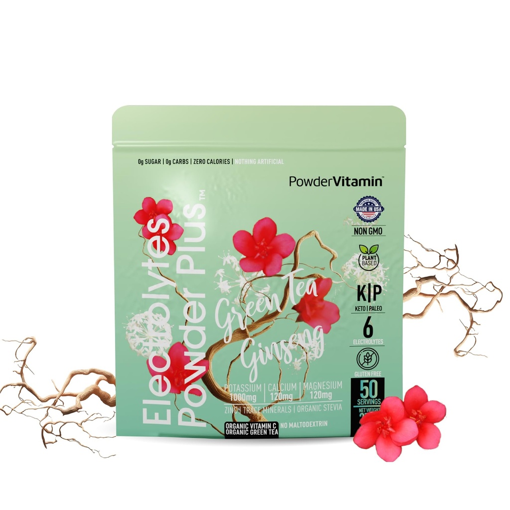 PowderVitamin Electrolytes Powder Plus (50 pelayan) Green Tea Ginseng Electrolite Powder Keto, Sugar Free, Pink Himalaya Salt, 1000mg Potasium, 120 mg Calcium, 120mg Magnesium, Hidration Powder