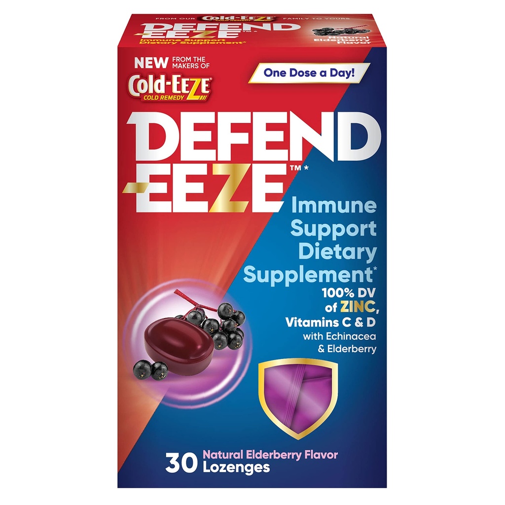 Defend- EEZE Dukungan Imuniune Tambahan Diet Lozenges, 100% Nilai Harian Zinc, Vitamin C & D per Dose, dengan Echinacea & Elderberry, Elderberry Flavor, 30 Lozenges