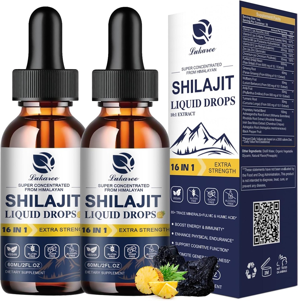 Lukaree 16- 1 Shilajit Drops for Men and Women, Ashwagandha, Ginseng, Turmeriic, Rhodiola, Amla Moss Laut, Vitamin Tambahan 85 + Trace Minerals and Fulvic Acid, 2 FL Oz (2 Pack)