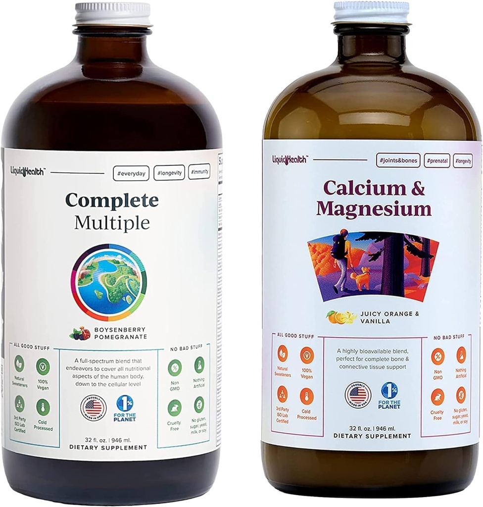 LIQUIDHEALTH Complete Multivitamin & Calcium dan Magnesium Liquid Vitamin Bundle for Adults - Whole Body Health, Immune System, Bone & Joint Support - Whole Foods, Vegan, Non-GMO, USA Made
