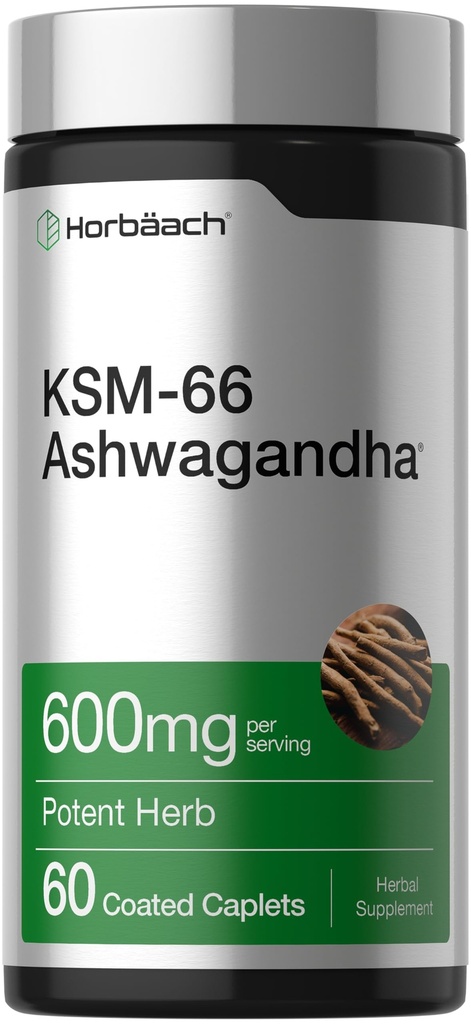 Horbäch KSM-66 Ashwagandha Tambahan Caplets 124; 600mg 124; 60 Pistls 124; dengan L- Theanine 124; untuk Perempuan dan Pria 124; Vegan, Non-GMO, Gluten Free Complex Suplement