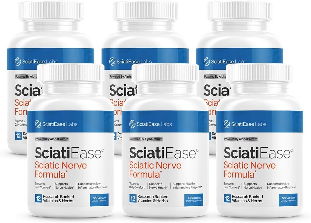 SciatiEase Sciatic Scive Health Supplement - Nerve Dukung Formula with AlphaPalm, Pea, Vitamin B Complex, Alpha Lipoic Acid 300mg - 6 Botol