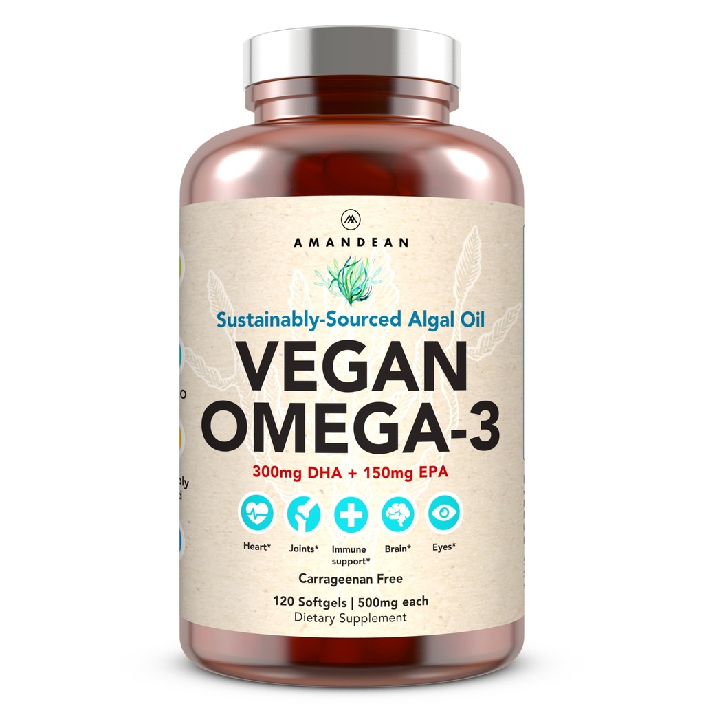 Tambahan AMANDEAN Vegan Omega 3. Alternatif Minyak Ikan Premium. Algae DHA & EPA. Carrageenan Free Softgels. Algal Estiventy Accids. Tanaman berbasis Jantung, Otak, Mata, Kulit, Dukungan Imune. (120ct)
