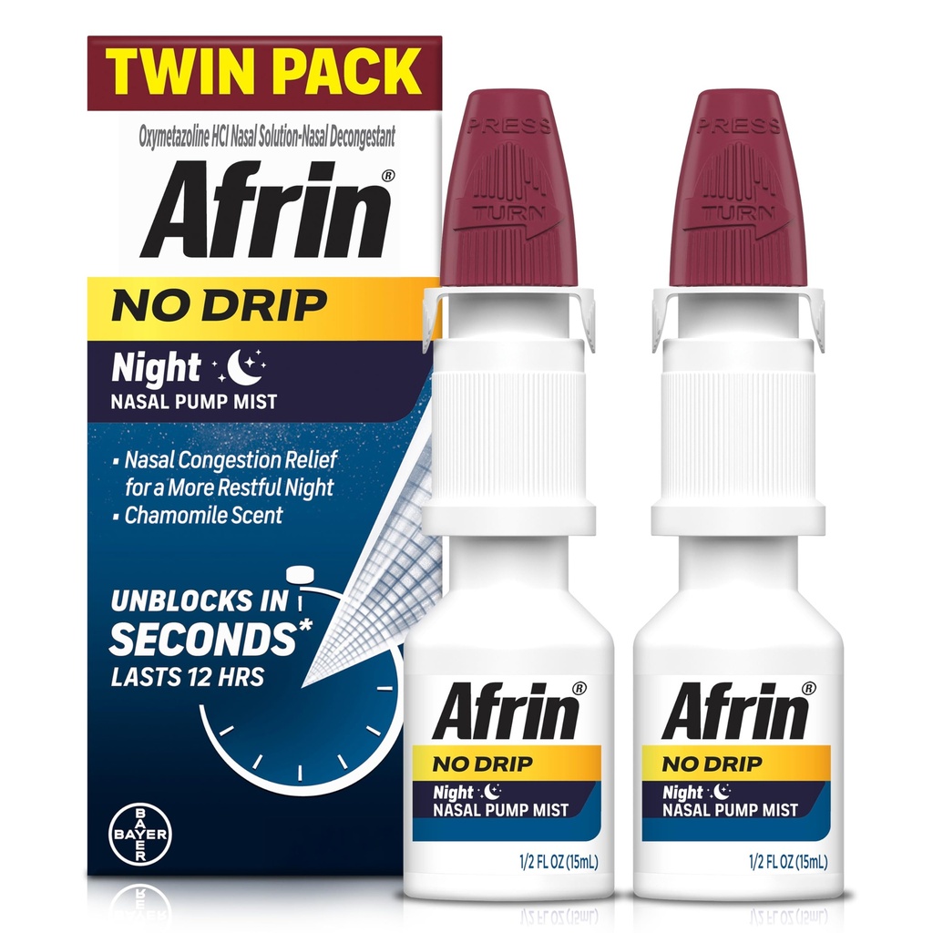 AFRIN No Drip Night Nasal Mist Twin, Non-Drowsy, Fast- Acting Decongestant untuk Revelful Scent, Dewasa dan Anak-anak 6 dan Lebih Tua, .5 lf oz (Paket 2)