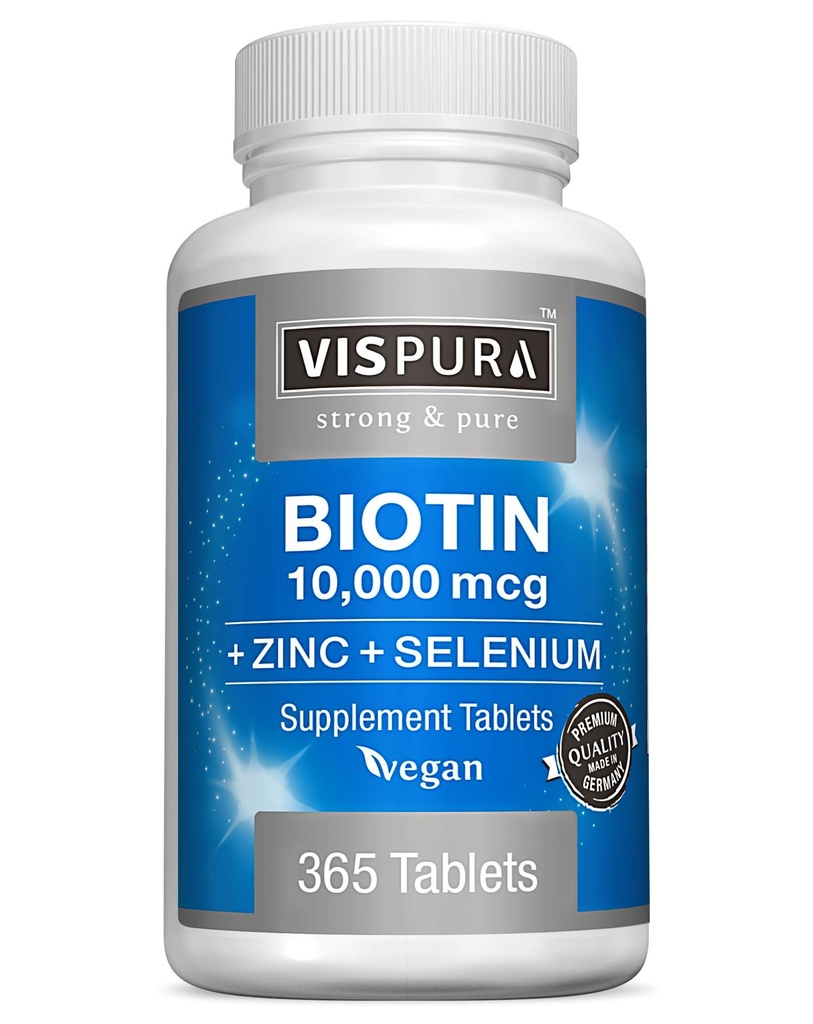 Biotin 10000 mcg + Zinc + Selenium, Pure, Vegan & Extra Suplemen Terbaik untuk Perkembangan Rambut, Glowing Skin, Nails Kuat *, 365 Tablet selama 12 Bulan, Natural Without Addents